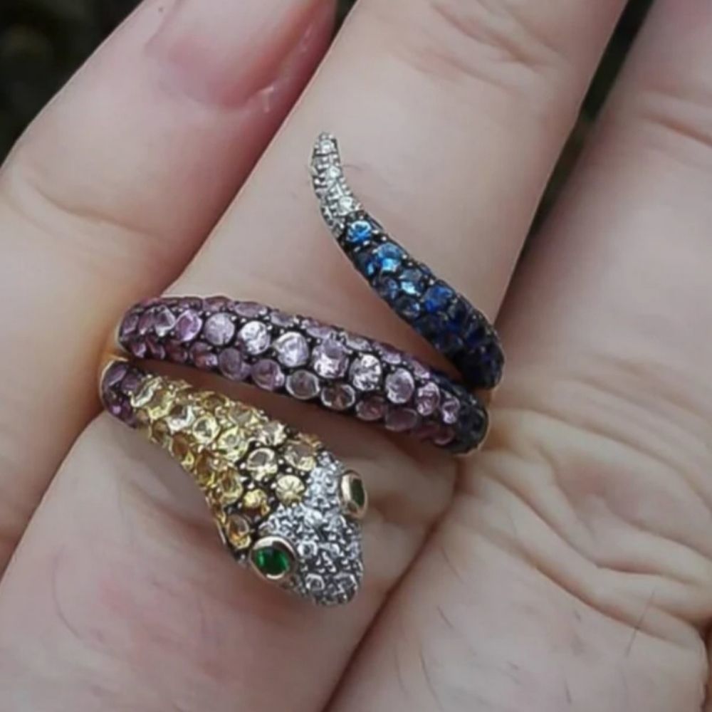Sterling Silver and colorful crystal snake ring goth statement punk sz 8 9